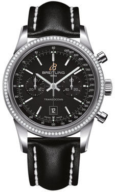 Breitling,Breitling - Transocean Chronograph 38 Steel - Diamond Bezel - Leather Strap - Watch Brands Direct