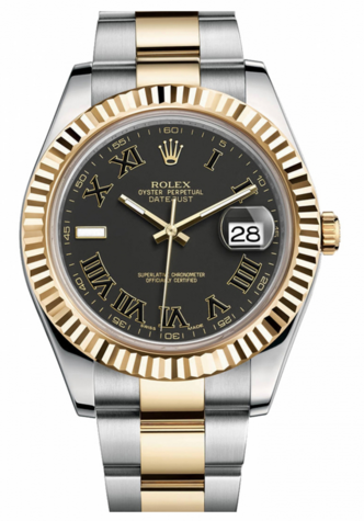 Rolex Datejust 41mm Two Tone Oyster Perpetual with Fluted Gold Bezel and Black Dial