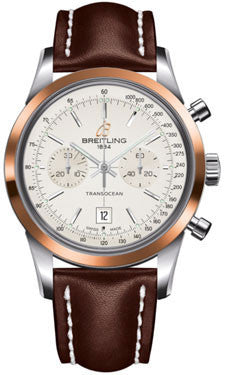 Breitling Transocean Chronograph 38 Steel And Gold Leather Strap Watch Brands Direct Luxury Watches at the Largest Discounts