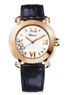 Chopard,Chopard - Happy Sport - Round Medium - Rose Gold - Leather Strap - Watch Brands Direct