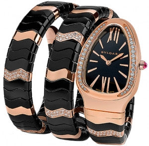 Bulgari,Bulgari - Serpenti Spiga 35mm - Rose Gold, Black Ceramic and Diamonds - Two Twirl Bracelet - Watch Brands Direct