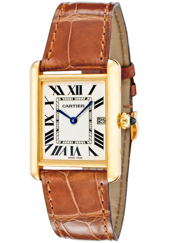 Tank Louis Cartier watch Large model, hand-wound mechanical movement,  yellow gold, leather