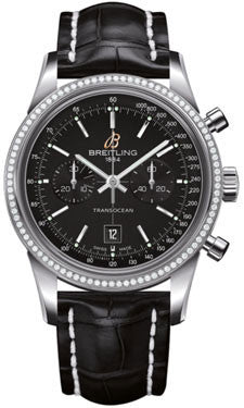 Breitling,Breitling - Transocean Chronograph 38 Steel - Diamond Bezel - Croco Strap - Watch Brands Direct