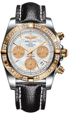 Breitling,Breitling - Chronomat 41 Steel and Gold Diamond Bezel - Lizard Strap - Watch Brands Direct